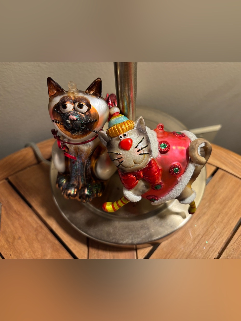 2 Vintage Whimsical Cat Ornaments SET Cardinal Flocked